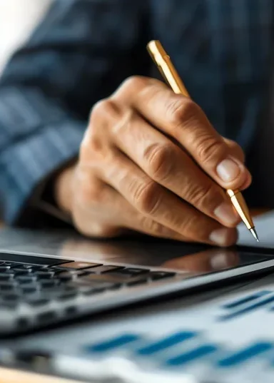 Mão com caneta sobre um notebook escuro